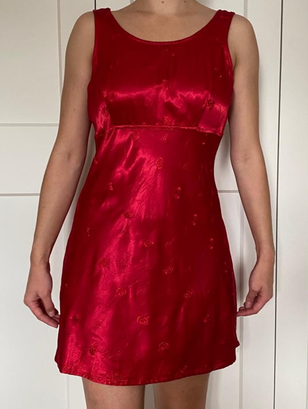 Vintage 90s Satin Rose Embroidered Red Bias Cut Mini Dress Slip